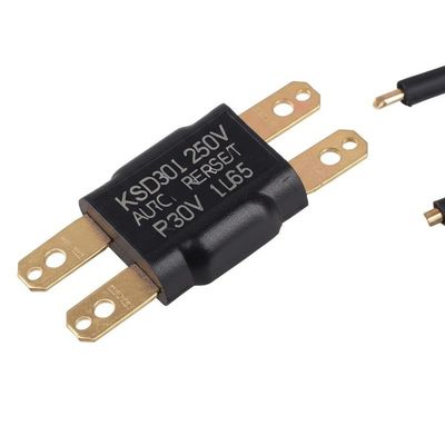 KSD301 प्लास्टिक या सिरेमिक आवास और एल्यूमीनियम टोपी या तांबे के सिर में सामान्य रूप से बंद या खुले संपर्कों के साथ द्विधातु थर्मोस्टैट थर्मल स्विच
